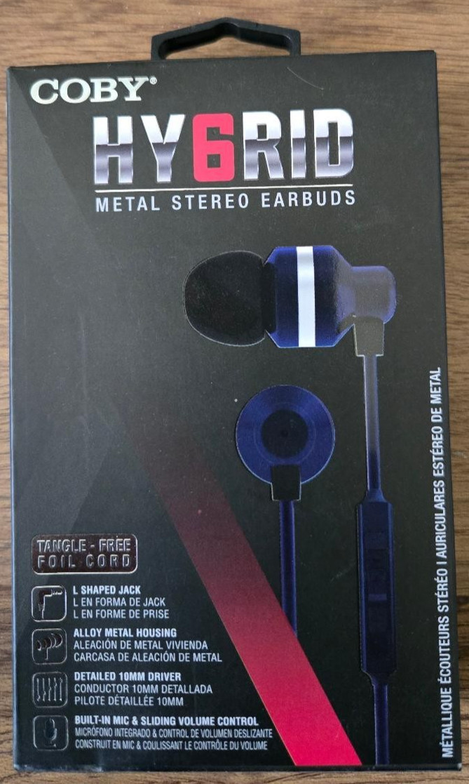 COBY HY6RID Metal Stereo Wired Earbuds 3.5mm Jack Mic Volume Control Blue New