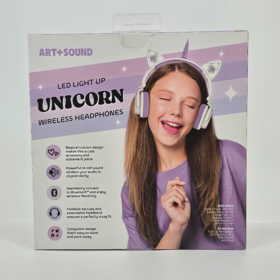 ART+SOUND LED Light Up Unicorn Bluetooth Wireless / Wired Headphones: Adjustable
