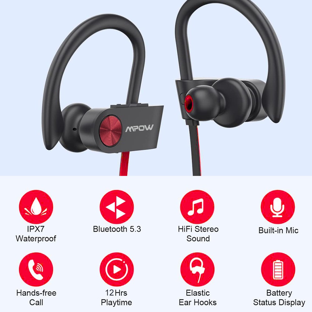 Mpow Wireless Bluetooth 5.3 Headset HiFi Stereo Headphone Sport Ear-Hook Earbuds