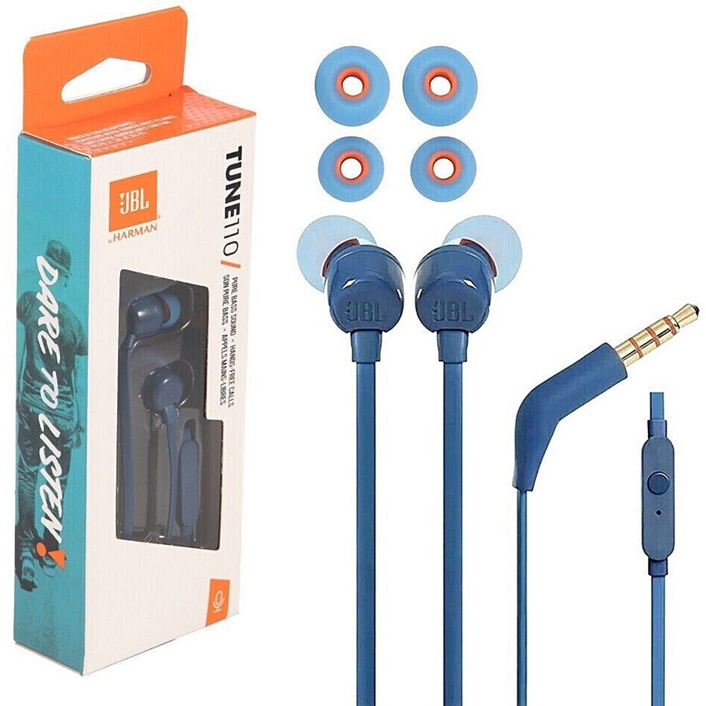 JBL T110 Pure Bass Tangle Free In-Ear Stereo Wired Headphones with Mic – Blue