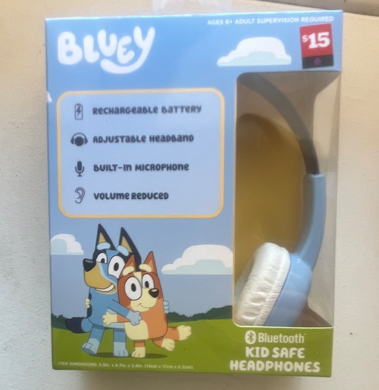 Bluey Bluetooth Kid Safe Headphones, Built-in Mic, Rechargeable, Blue/White