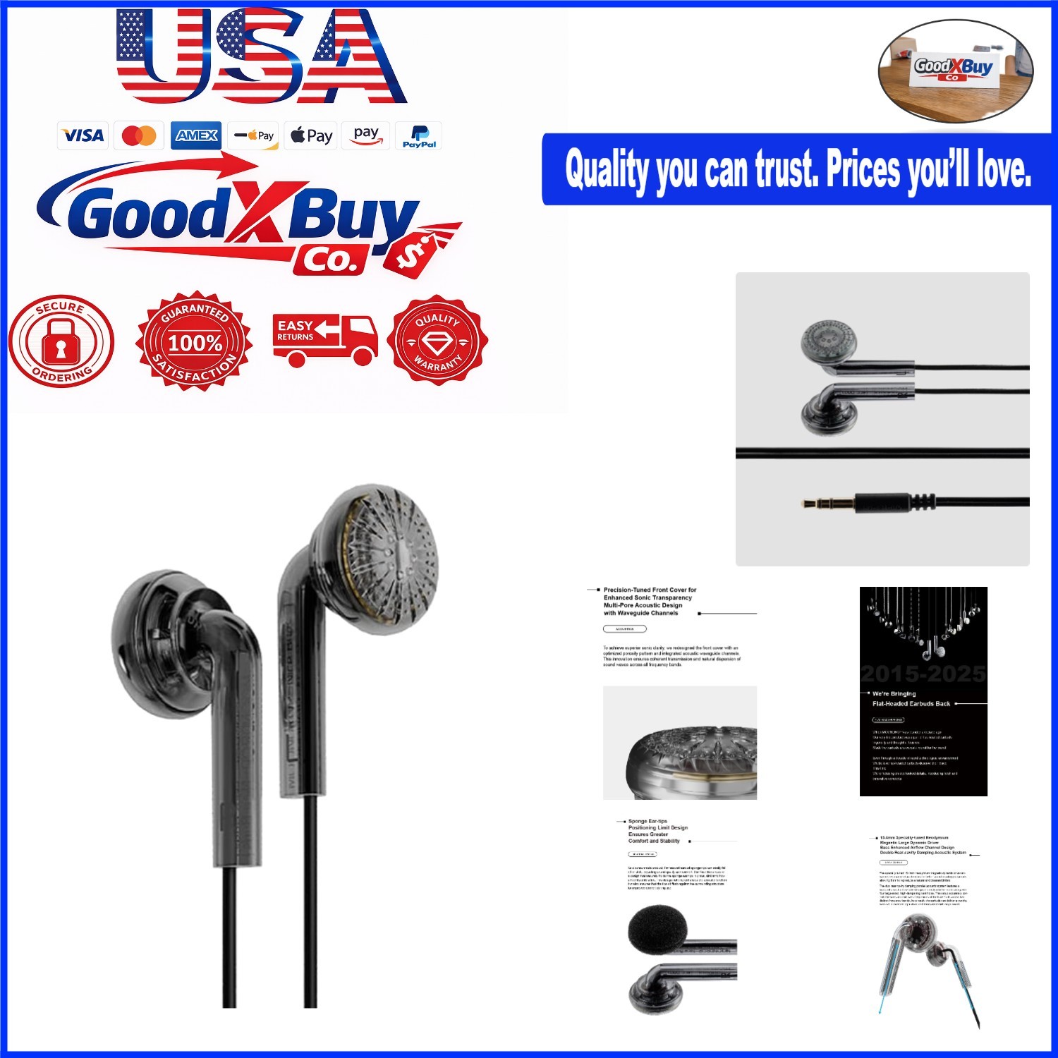 Nice Buds Flat-Headed Earbuds Black Transparent No Mic 15.4mm Dynamic Driver …