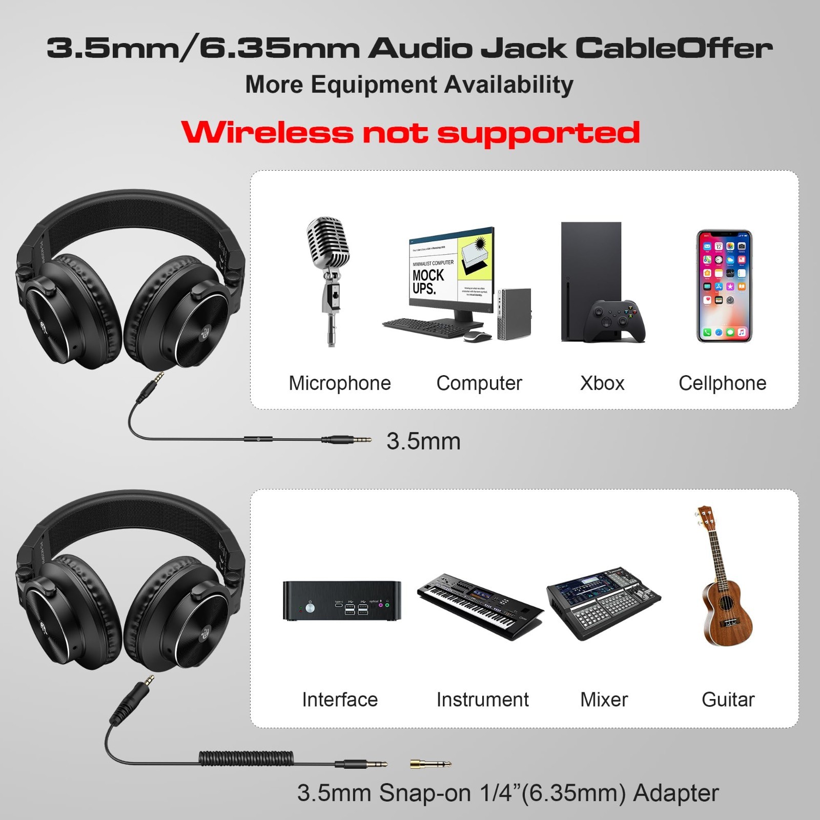 Wired Over Ear Studio Monitor Headphones – 50mm Drivers, 40kHz DJ Stereo, 1/4″ t