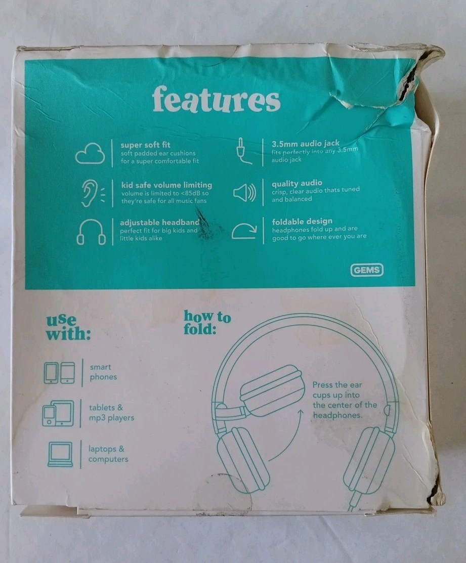 Gems Kids Wired On-Ear Headphones, Adjustable, Foldable, 3.5mm Audio Jack #2292
