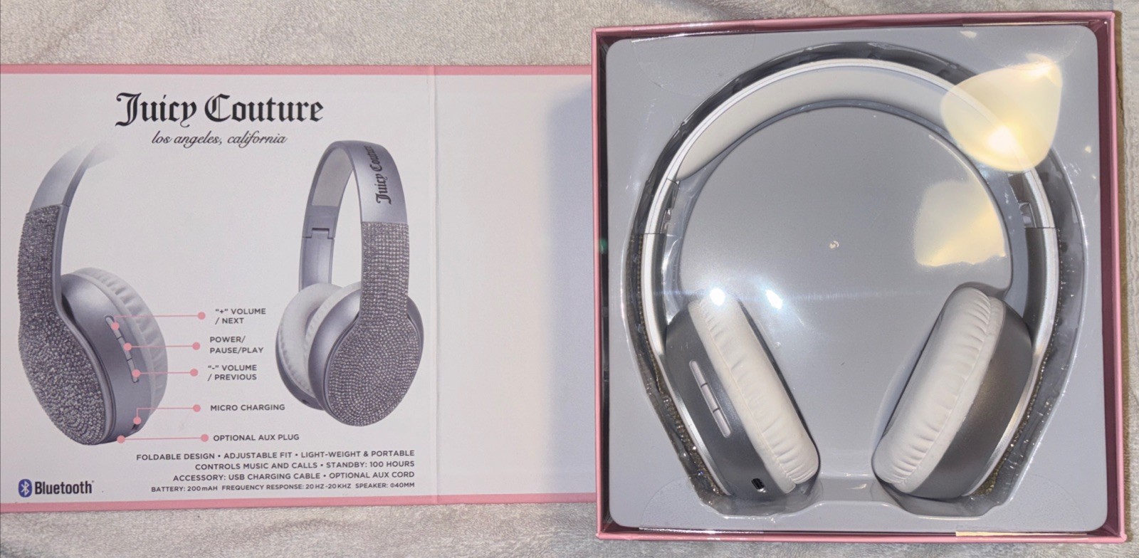 New Juicy Couture Wireless Headphones Bedazzled Gems Pink Bluetooth Electronics
