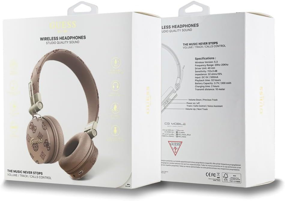 Guess 4G Peony Script Round Shape ENC Bluetooth On Ear Headphones Brown