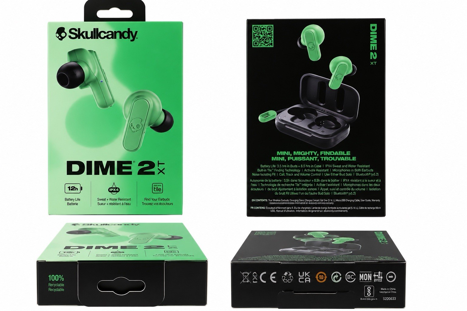 Skullcandy Dime 2 XT True Wireless Bluetooth Earbuds Built-In Mic Green/Black