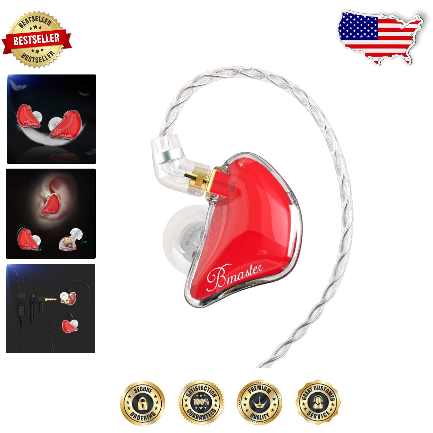 Pro Triple Driver In-Ear Monitors Red Hifi Stereo Sound Isolation MMCX Detach…