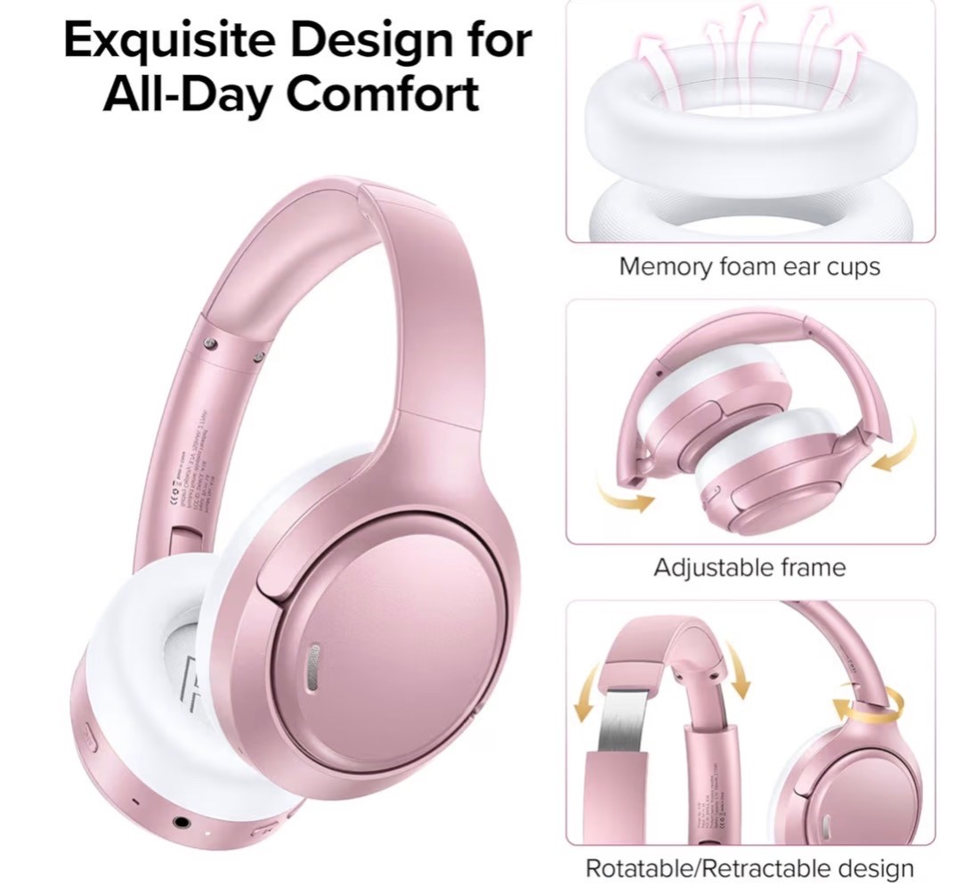 Hybrid Active Noise Cancelling Headphones 120H Long Playtime 6 ENC Mic Rose Gold