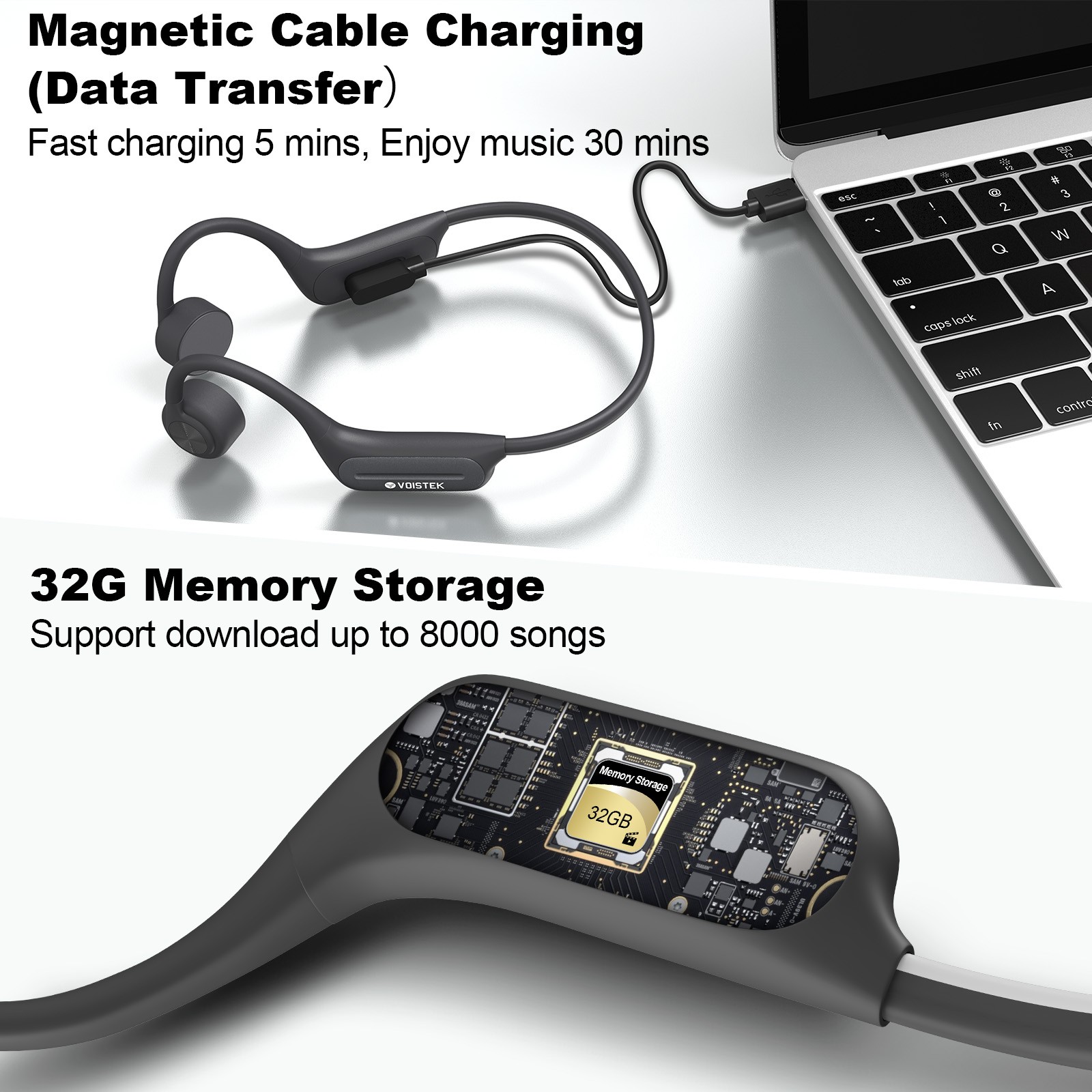 Voistek Bone Conduction Headphone Bluetooth Waterproof Earbuds 32GB MP3 Player