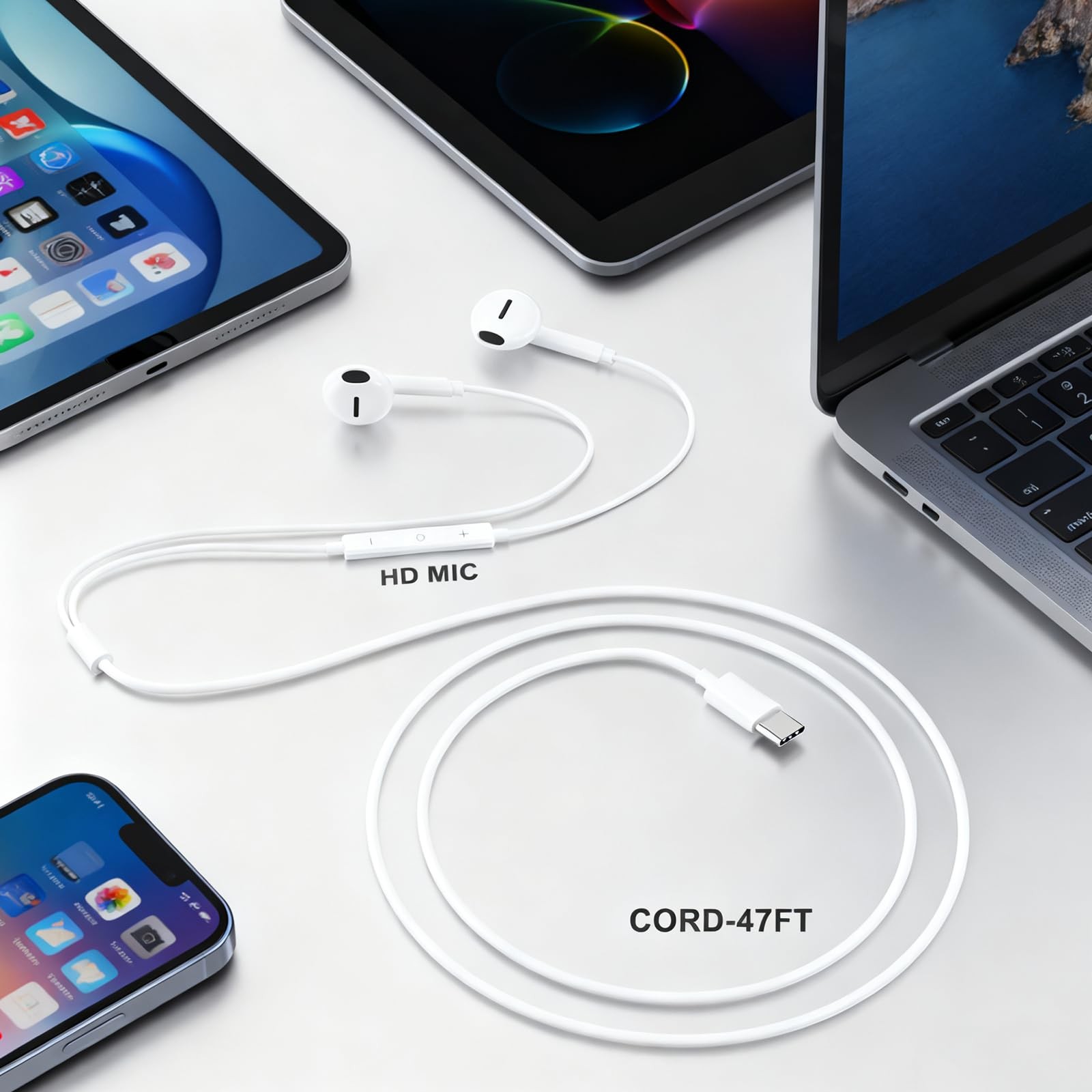 2 Pack USB C Wired Earbuds for iPhone 17/16/15 Pro Max Plus Standard, White