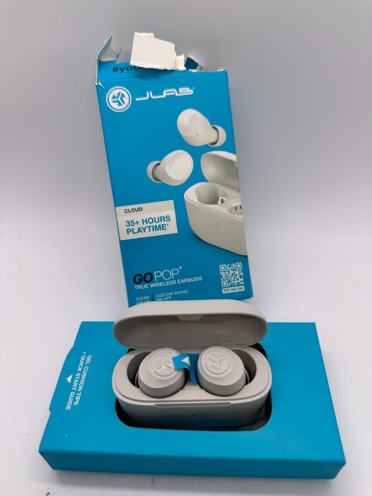 JLAB Go Pop+ True Wireless Bluetooth Earbuds Cloud – White | Distressed Box