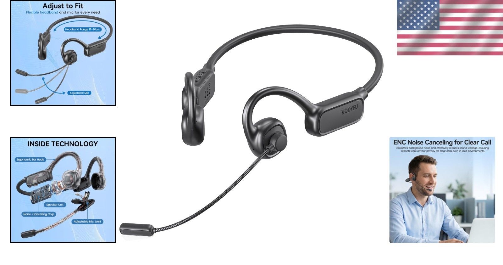 Lightweight Open Ear Headphones with Mic for Work & Workouts – 20H Playtime