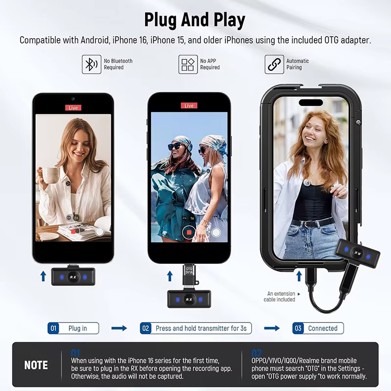 Neewer KM18 Wireless Lav Mic w/Noise Canceling & USB-C Case, 24H 200m for iPhone