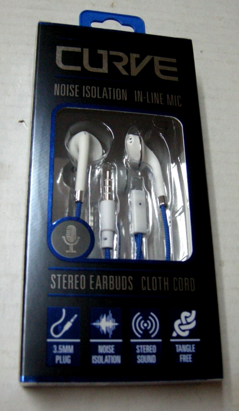 Curve Stereo Earbuds W/ Cloth Cord, In-Line Mic, Noise Isolation, 3.5mm Plug,New
