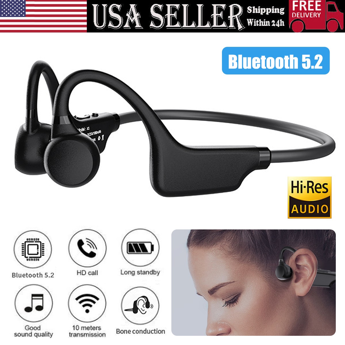 New Open-Ear Bluetooth 5.2 Headphones Bone Conduction Sport Headset Lightweight