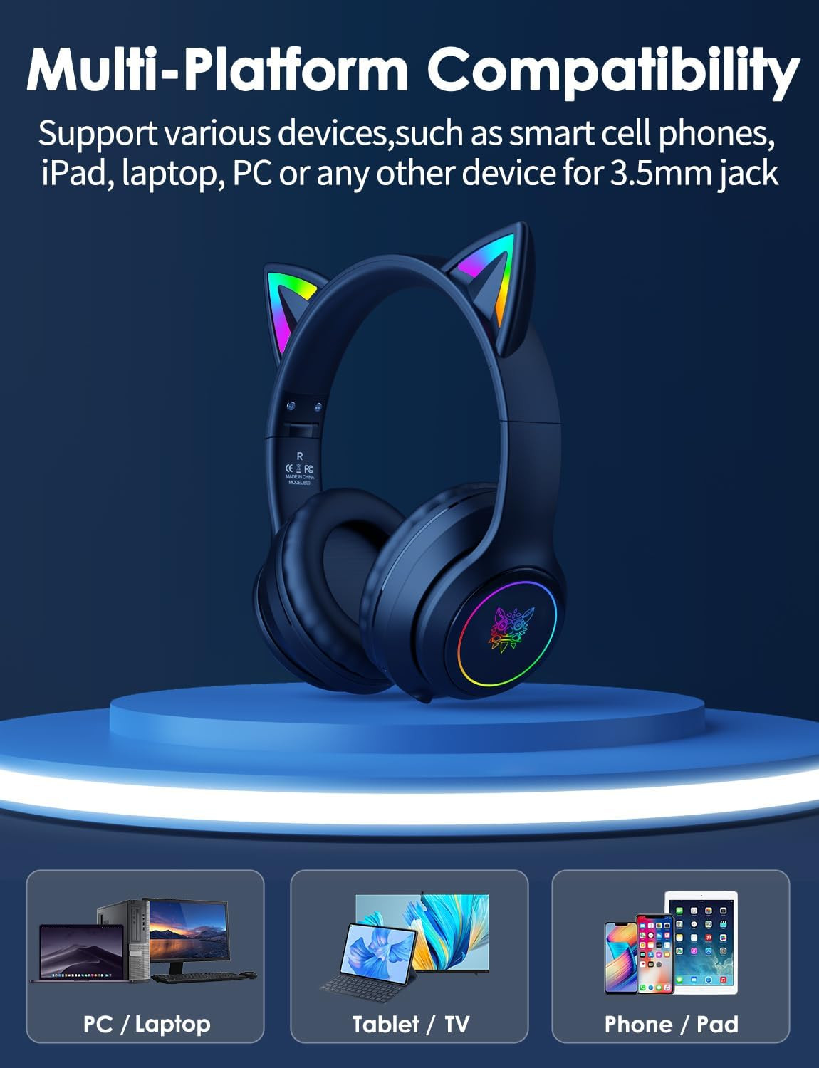 Cat Ear Bluetooth Headphones for Kids & Adults, 55H Play Time, Wireless