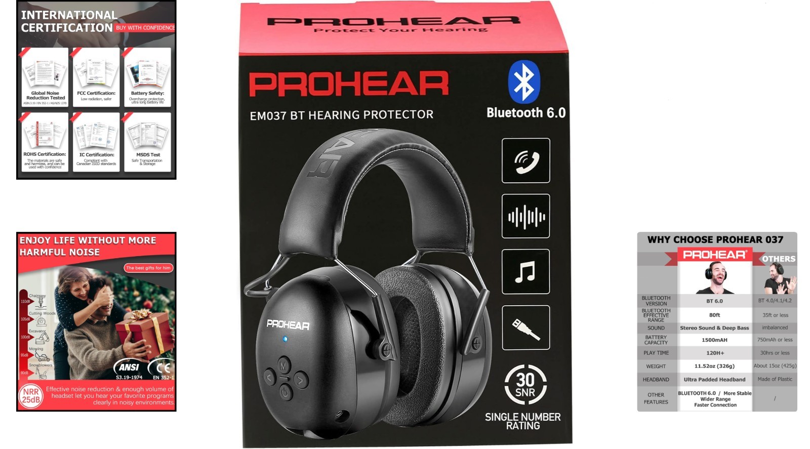 Prohear 037 Bluetooth 6.0 Hearing Protection Headphones – 30dB Noise Reduction