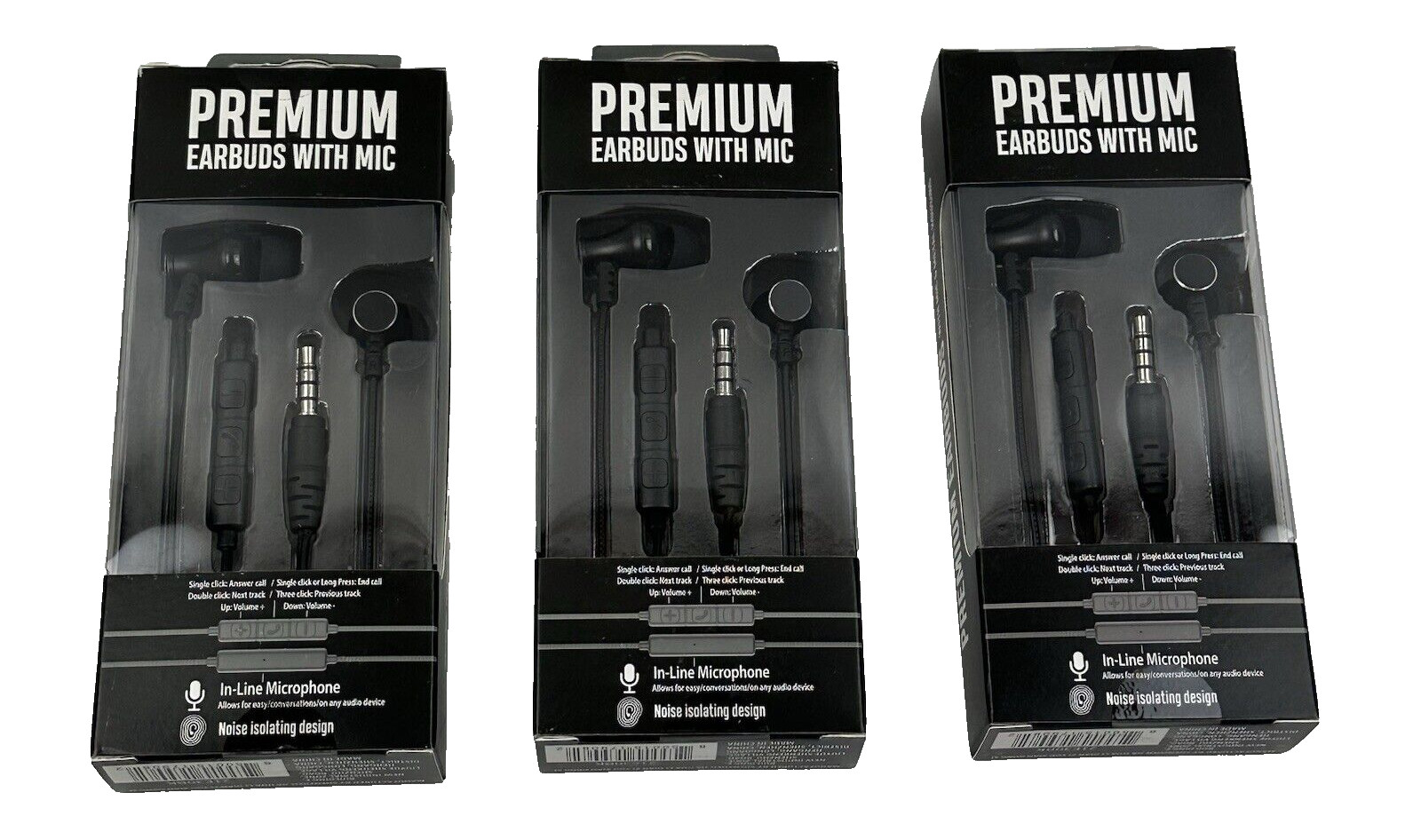 (3) Premium 35mm Wired Earbuds Headphones – Black With In Line Microphone