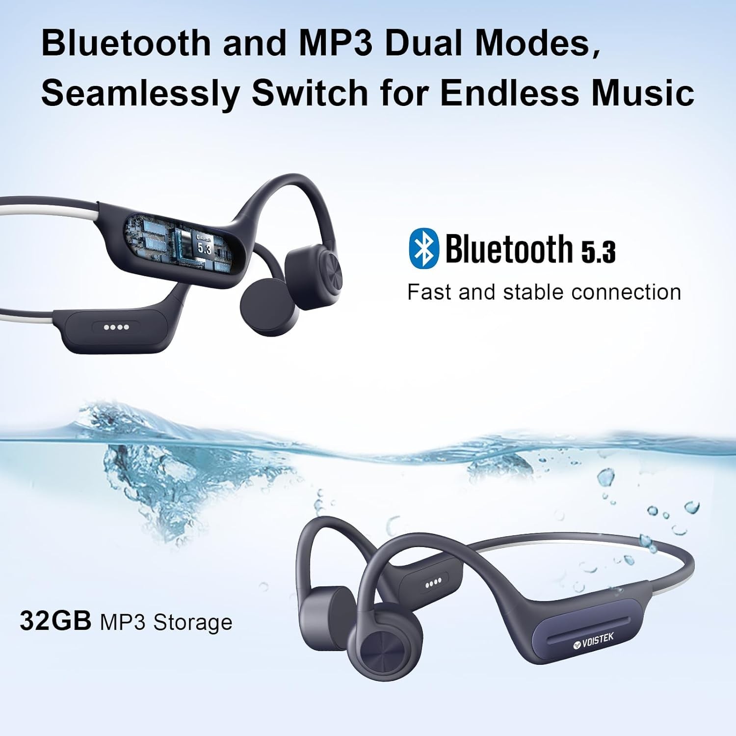 Voistek Bone Conduction Headphone Bluetooth 32G MP3 IPX8 Waterproof Earphone