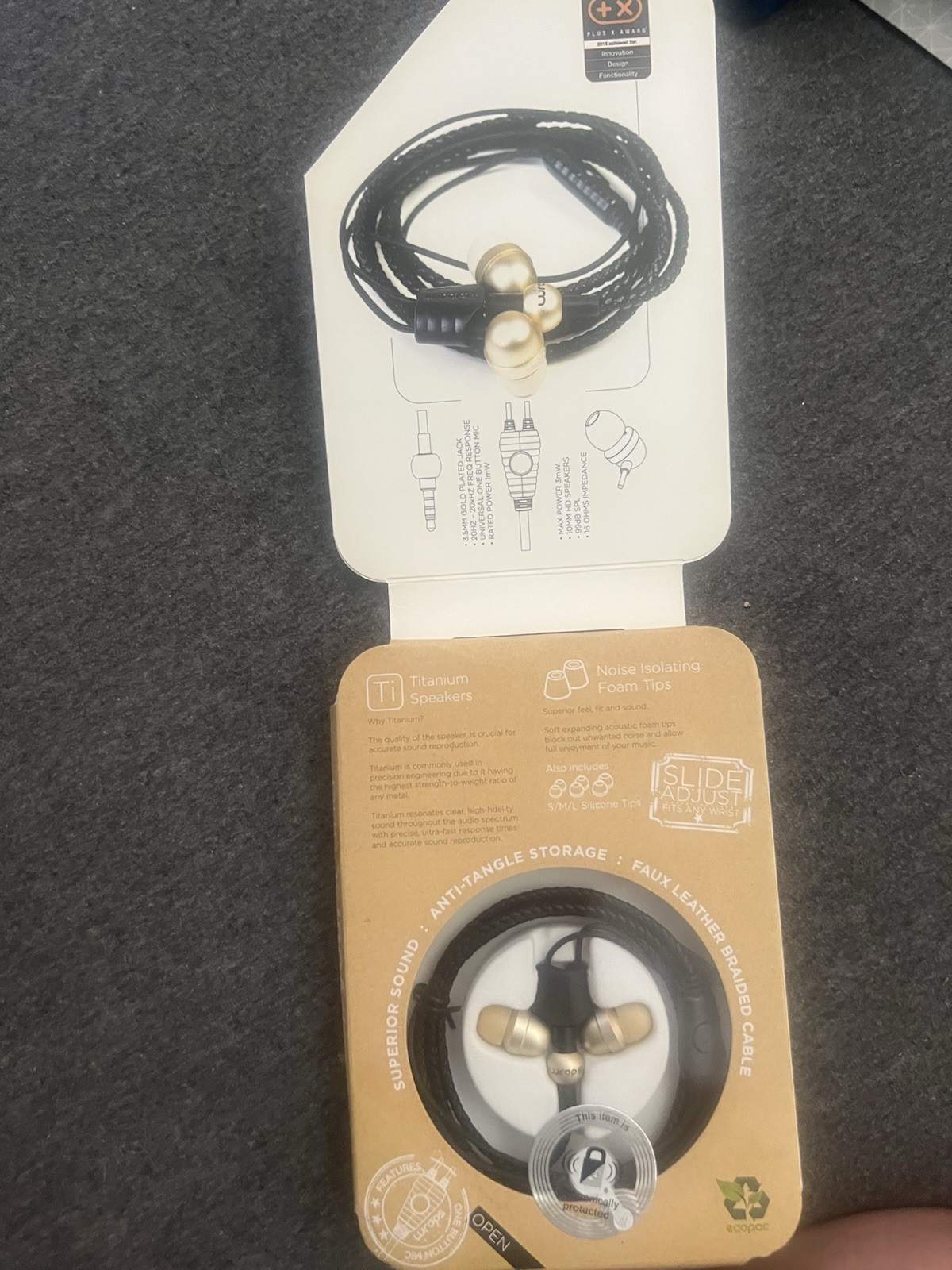 WRAPS Wristband Headphones GOLD Earbuds/Titanium Speakers/Braided Cable/16 Ohms
