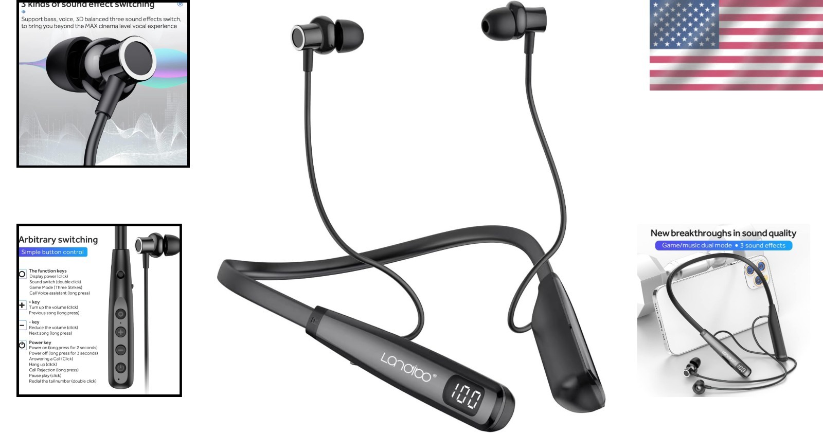 Wireless Waterproof Sports Earphones with 100H Playback & Noise Cancellation