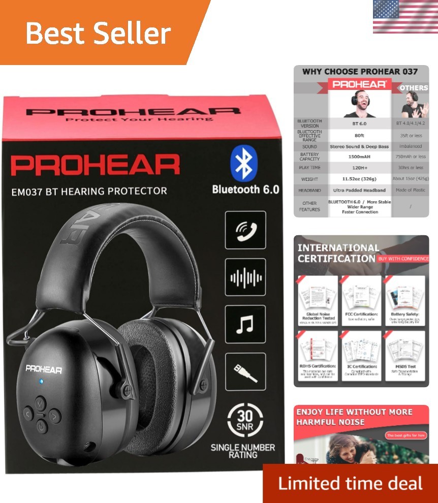 037 Bluetooth 6.0 Hearing Protection & 30dB Noise Reduction Ear Muffs – Black