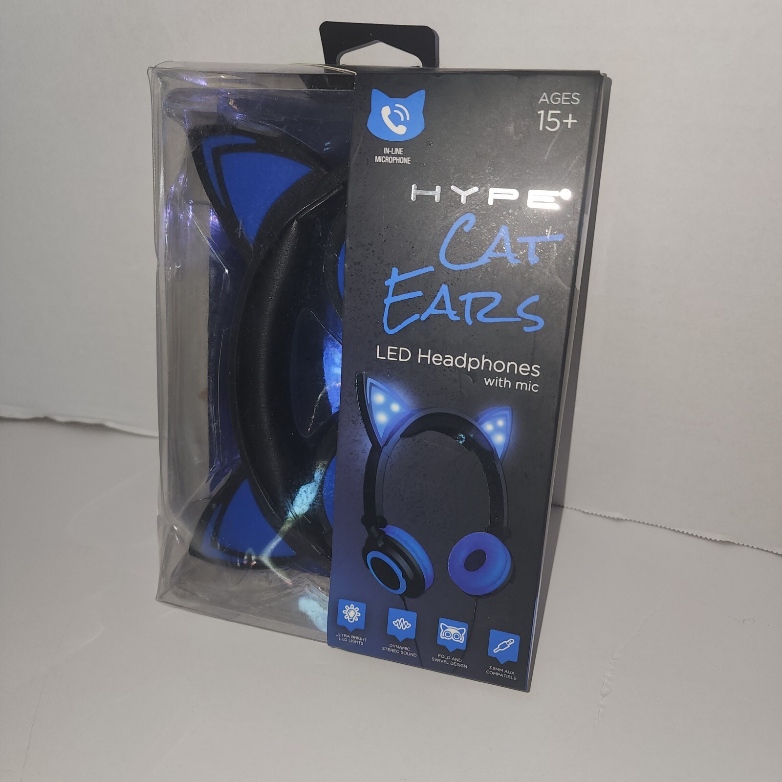 NEW~Hype Cat Ears~LED Blue Headphones W/In-Line Mic~Fold & Swivel~Cool