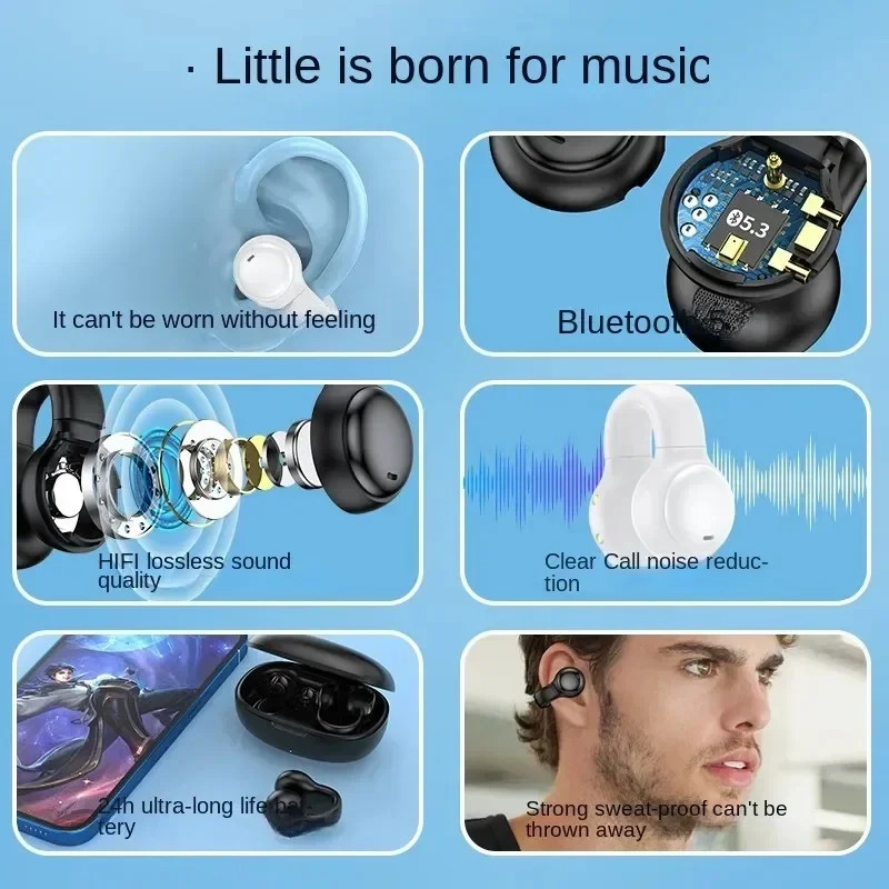 Open Ear Bone Conduction Headphones Bluetooth 5.3 Wireless Clip On Earbuds Adult