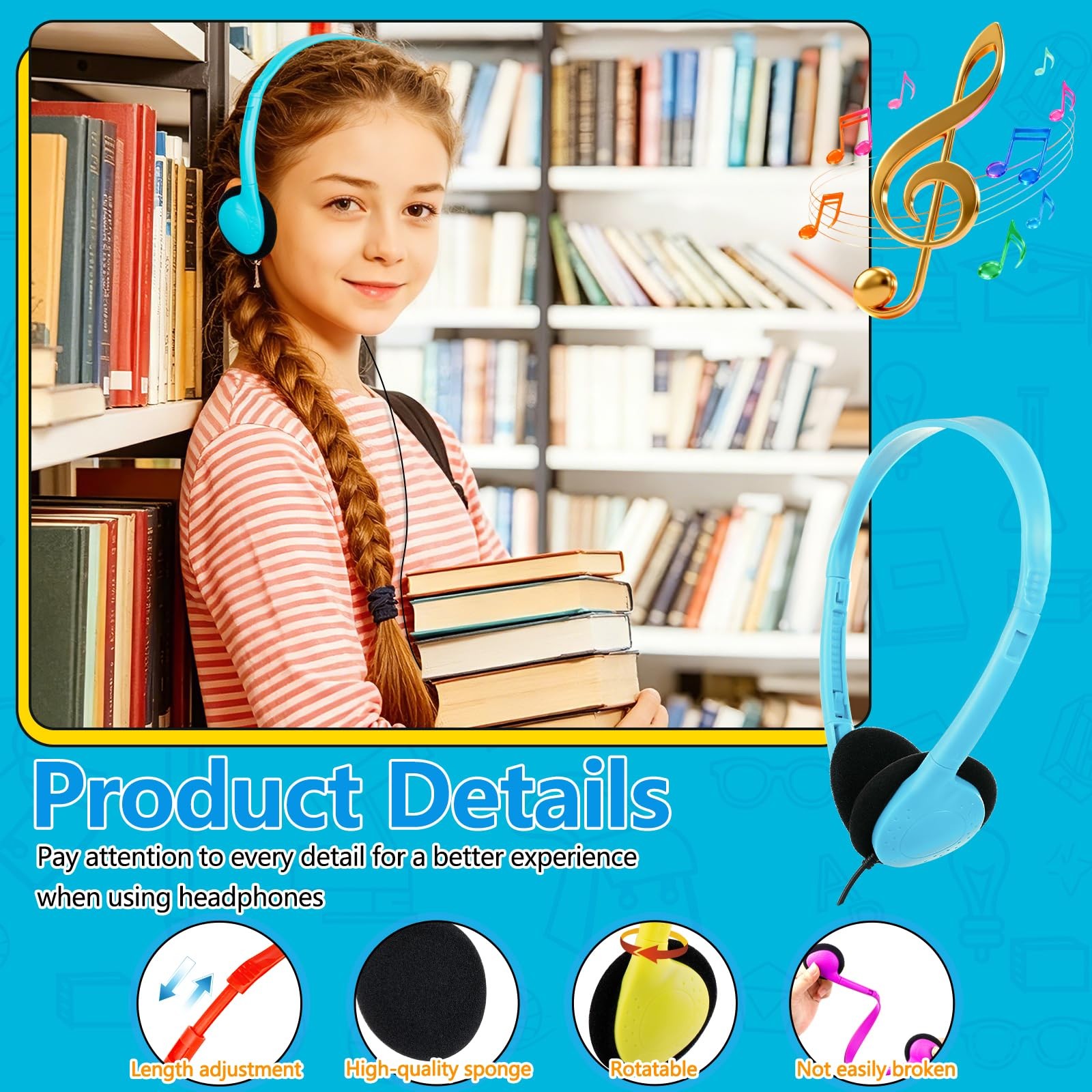 25 PCS Bulk Headphones Classroom 3.5mm Jack Multi Color Wired On Ear Kids