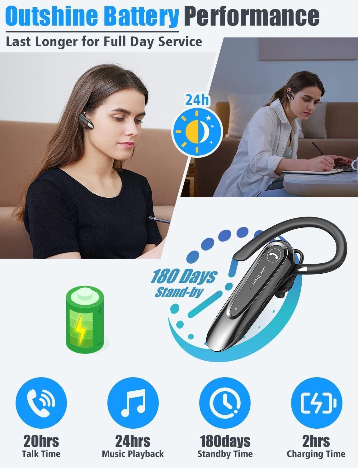 Bluetooth Earpiece Wireless CVC8.0 Headset for Cell Phone Dual Mic Noise Cance..