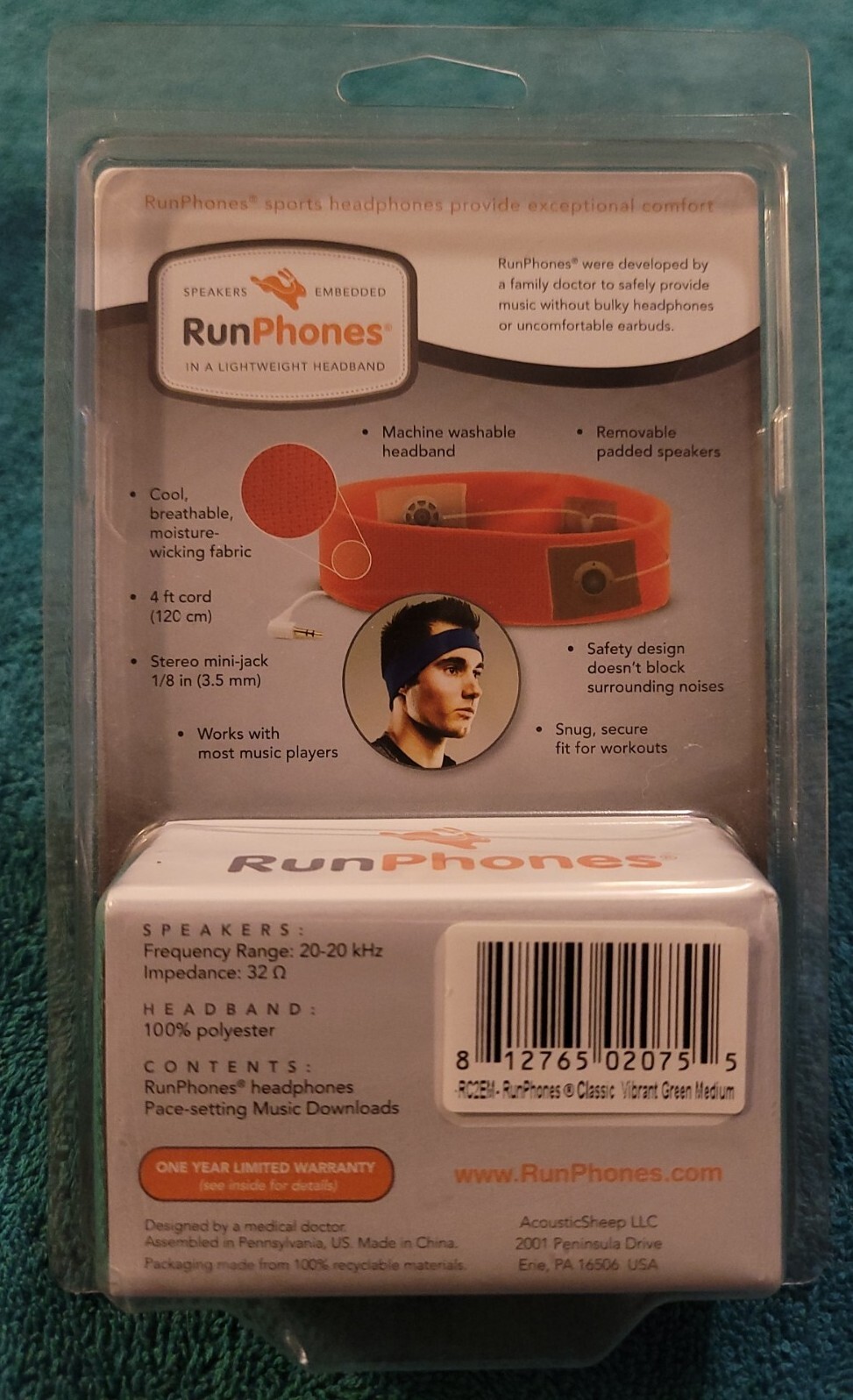RunPhones Unisex Sports Headband with Speakers Embedded Lightweight Green NEW