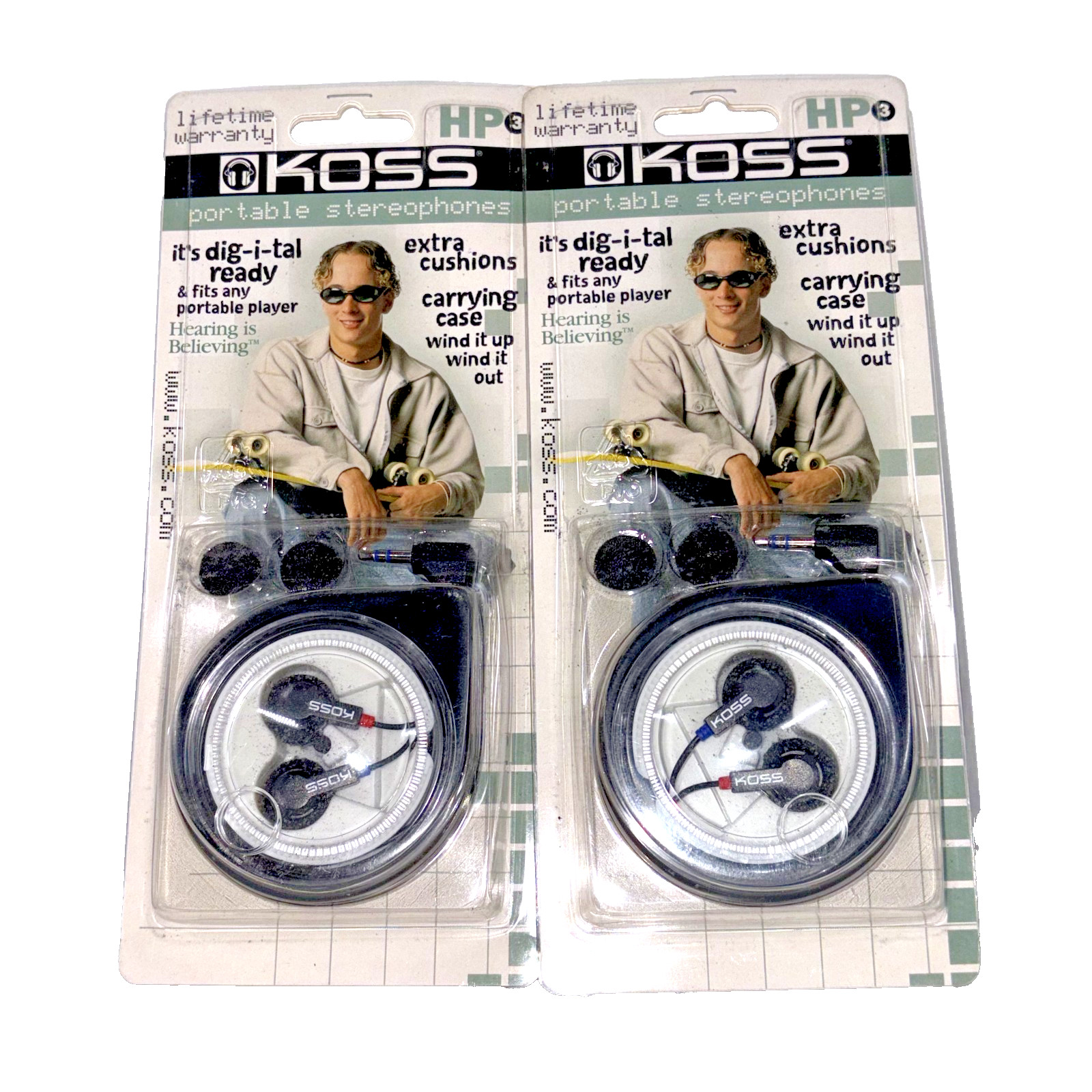 2x Vintage Koss HP 3 Headphones NOS Sealed Walkman Earbuds w Wind Up Case