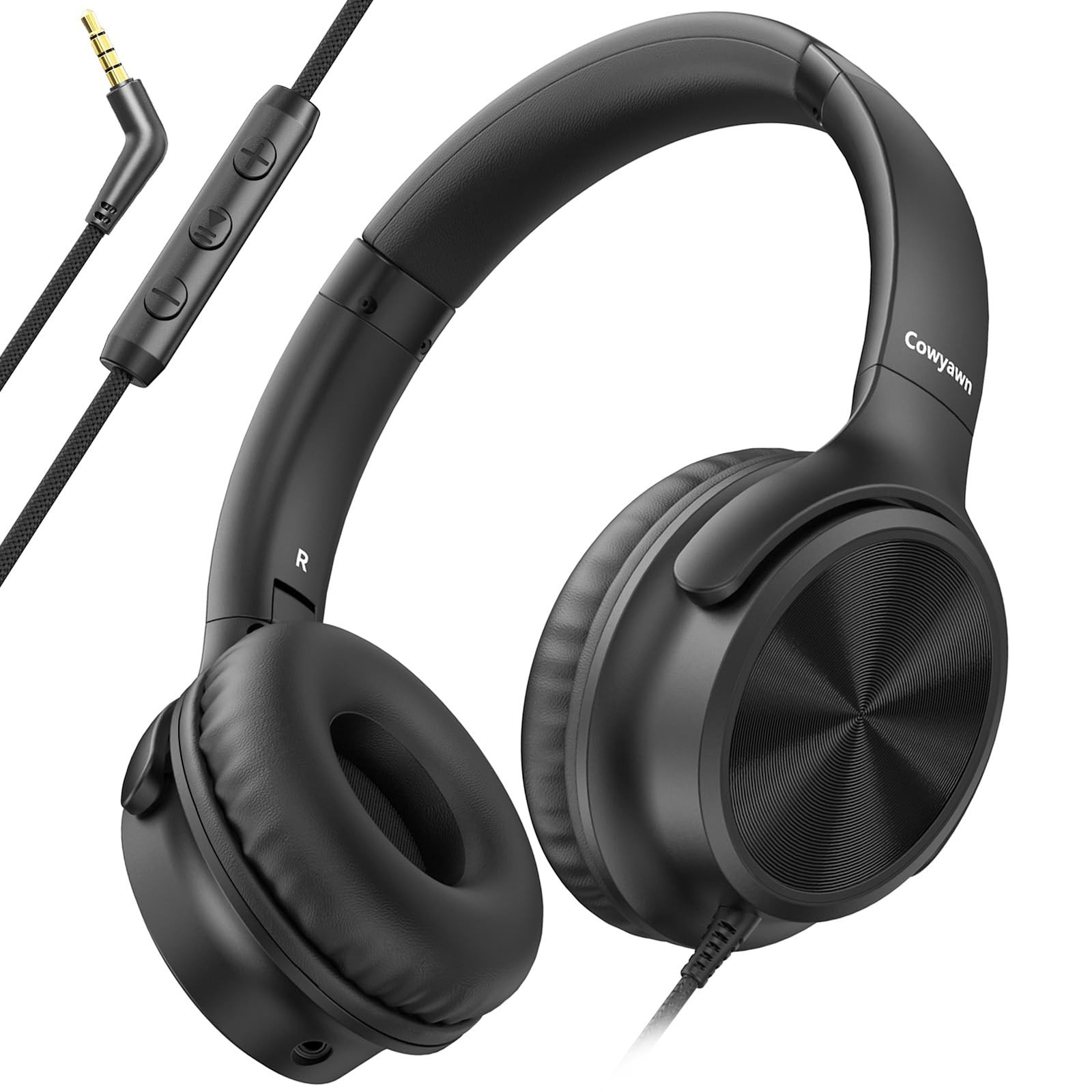 Over Ear Headphones Wired 3.5mm Foldable Microphone Volume Control Black