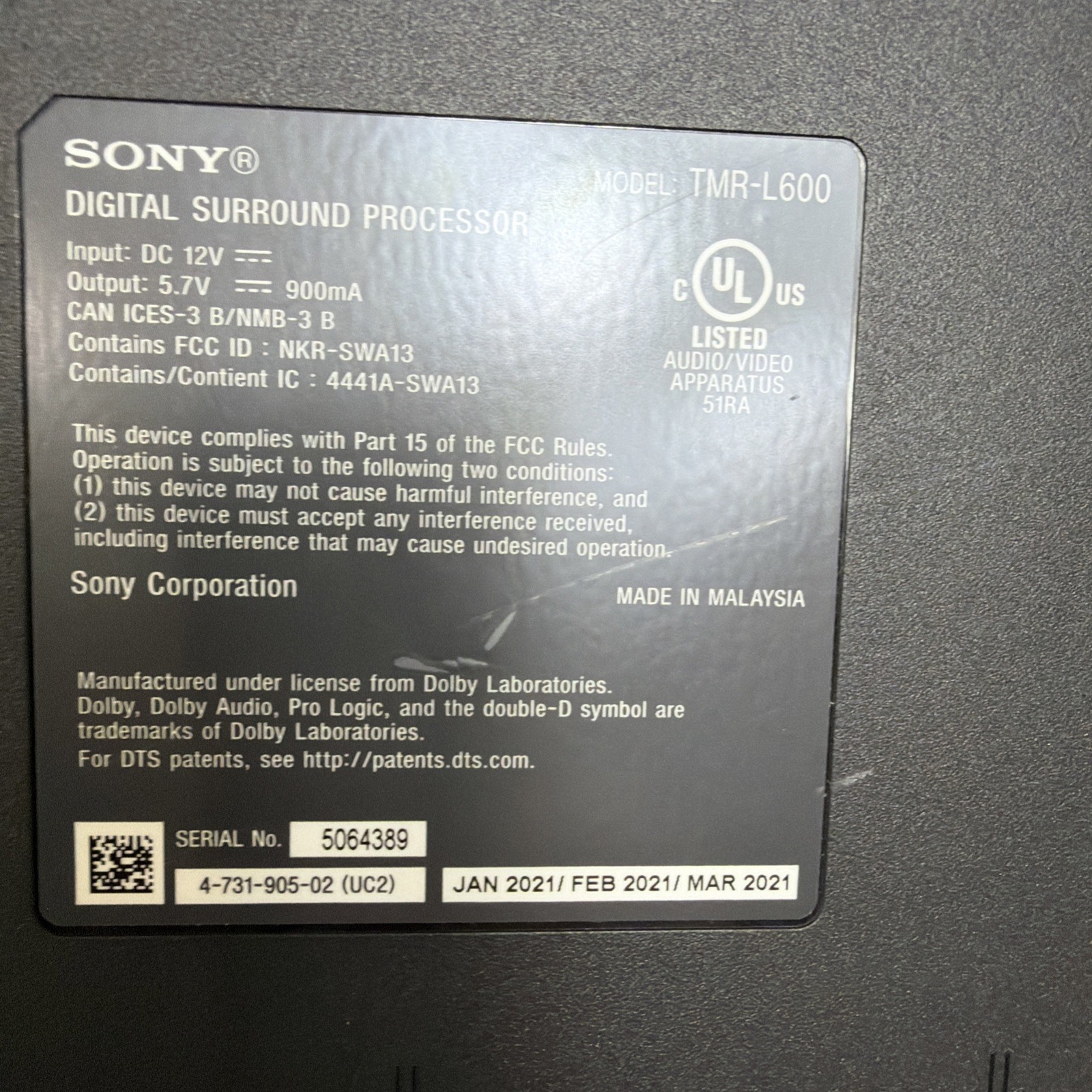 Sony WH-L600 Digital Surround Wireless Headphones Black SONY 7.1ch Digital