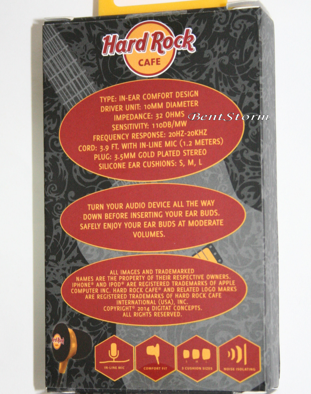 Hardrock Cafe LOGO in ear Earbuds Headphones Black Yellow S M L Cushions NEW