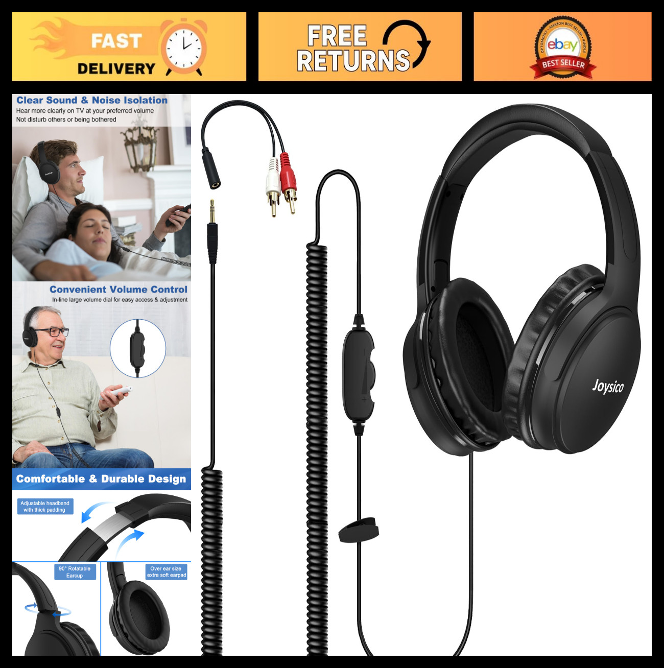 Extra Long 19.5Ft Coiled Headphones with Volume Control, 3.5mm AUX, Wired Over E