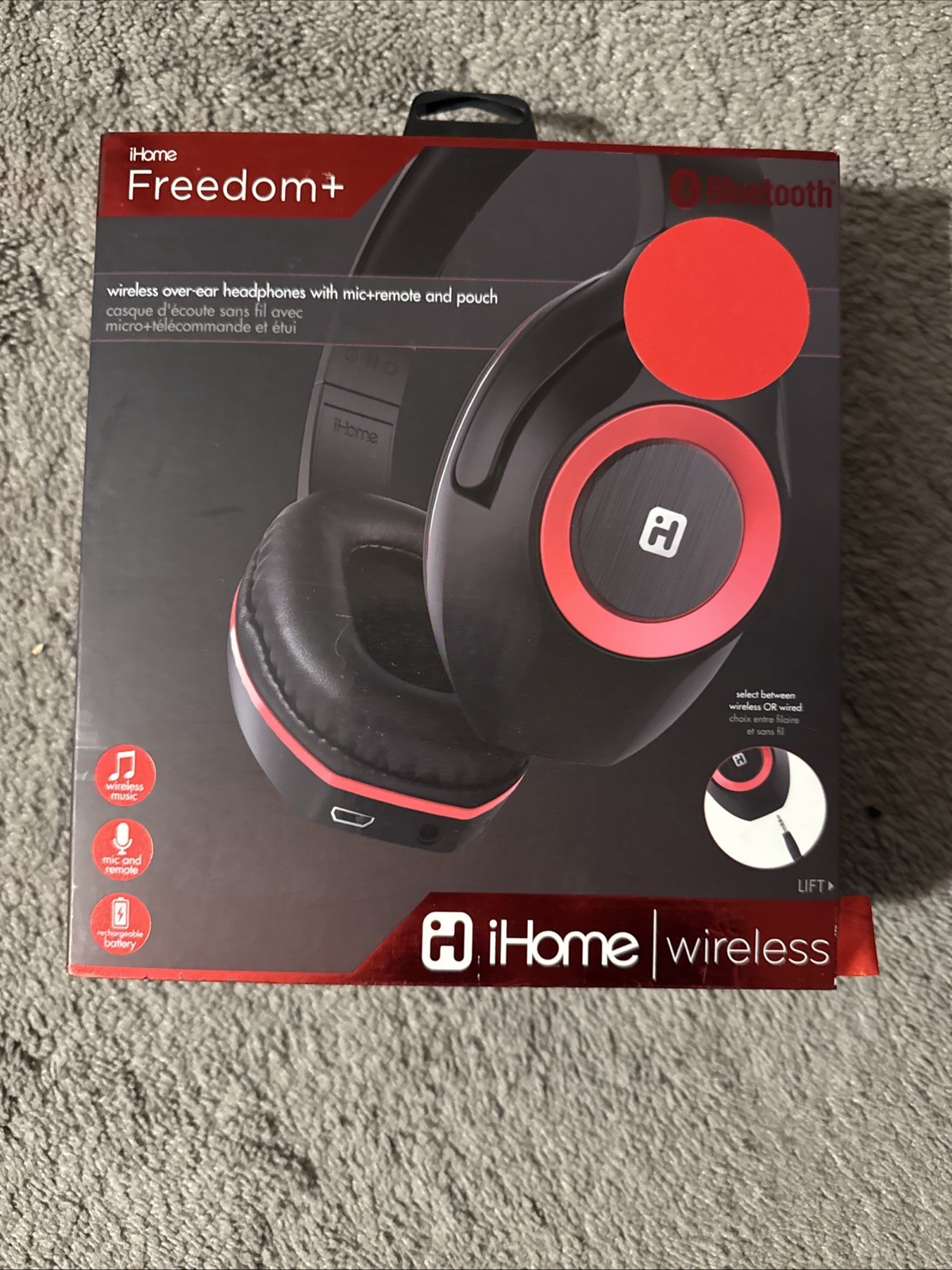 iHome Freedom+ Wireless Bluetooth Over-Ear Headphones Mic Remote Black Red