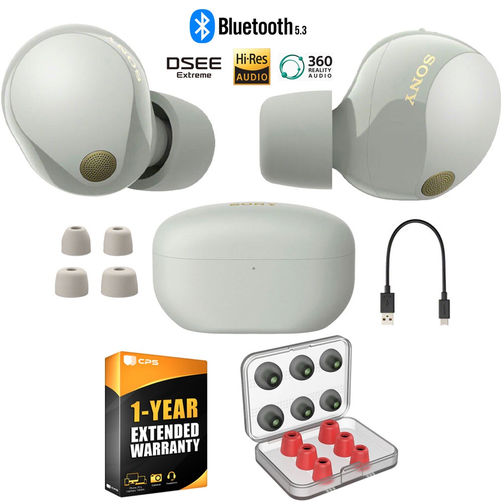 Sony Noise Canceling Truly Wireless Earbuds (Silver) + 1 YR Warranty Bundle