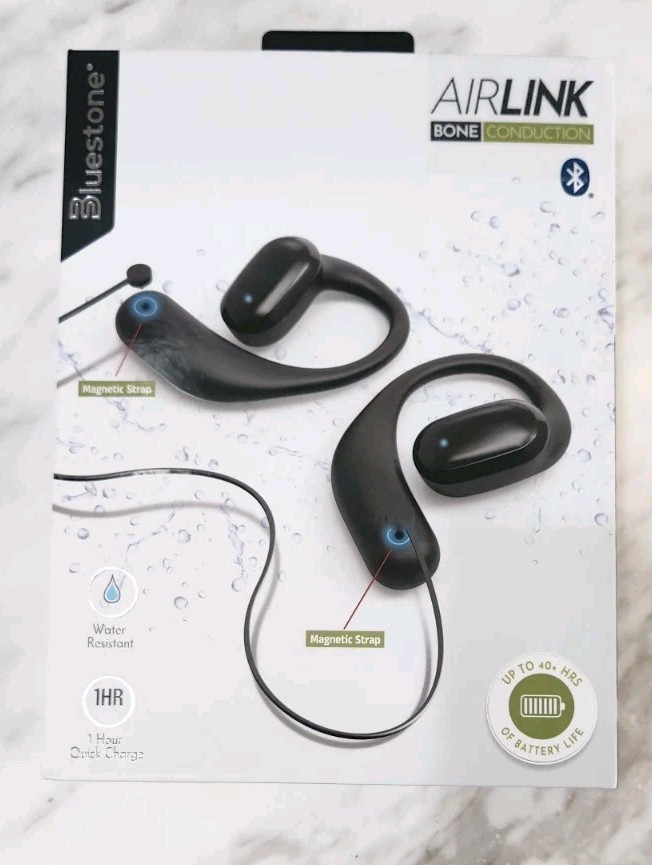 NIB! Bluestone Airlink Bone Conduction Earbuds, Strap & Case Quick Charge Blk