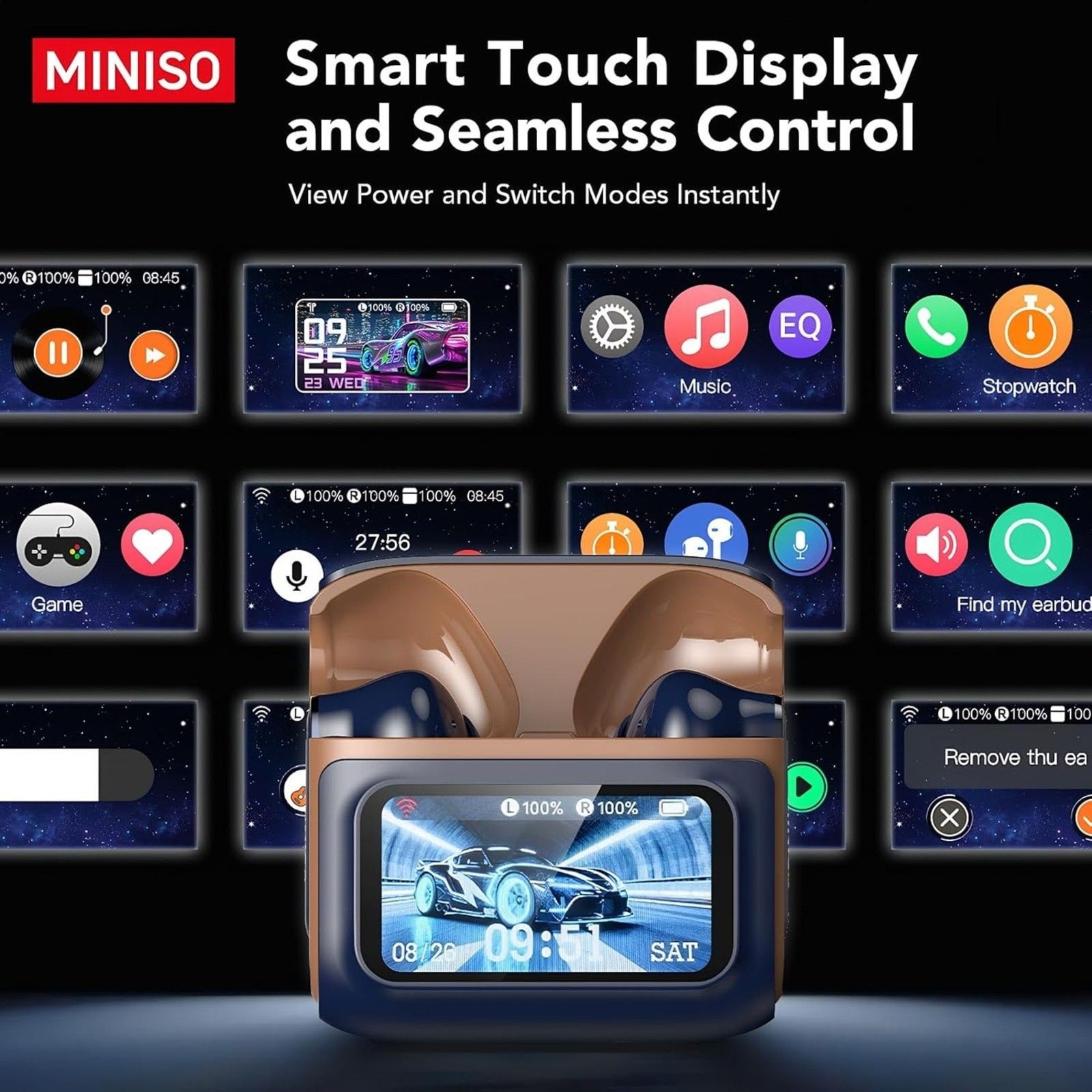 MINISO MS128 Wireless Earbuds Bluetooth 6.0 Adaptive ANC Touch Screen Case Black