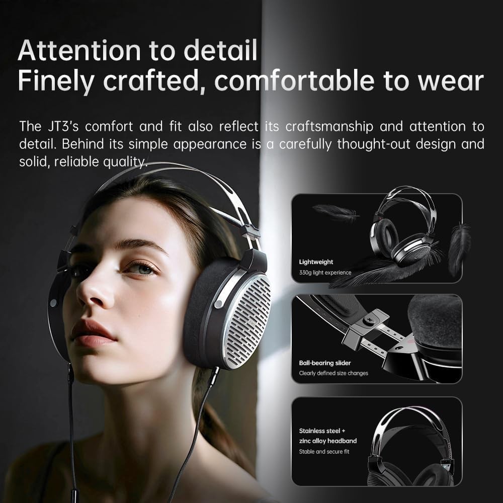 FiiO JT3 Over-Ear Open-Back Headphones, 50mm Dynamic Driver (Black)