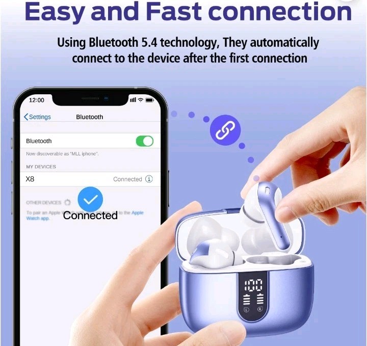 NIB X8 Bluetooth 5.4 Wireless Earbuds Blue, Touch Control, Dual Display, IP7