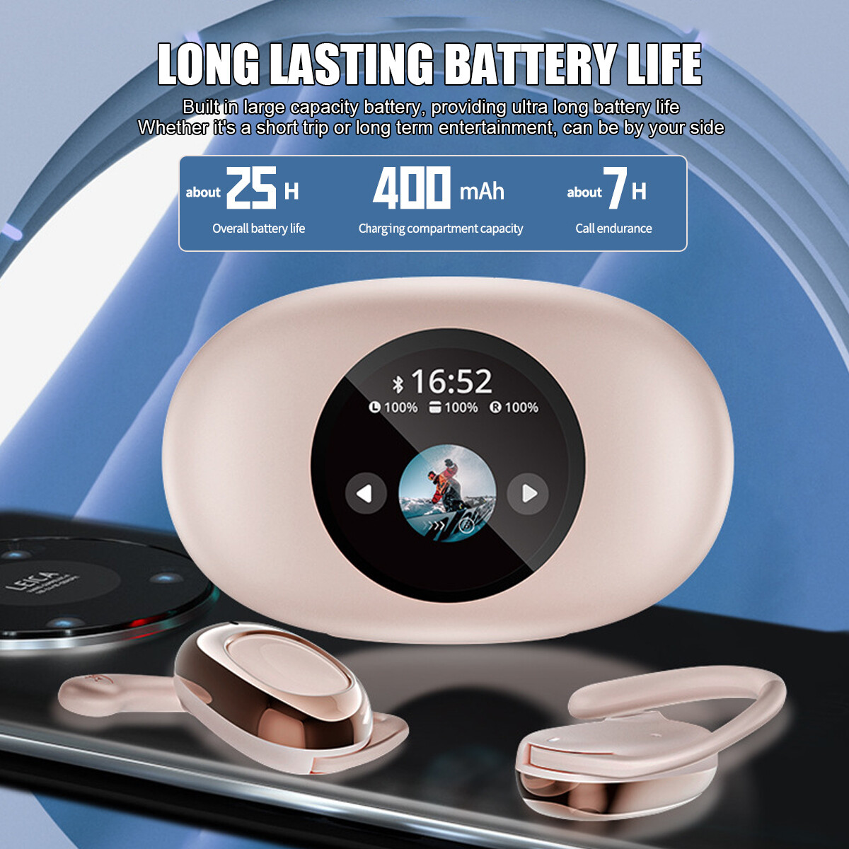 LCD HD screen Over The Ear Earbuds Bluetooth Wireless Multi language switching #