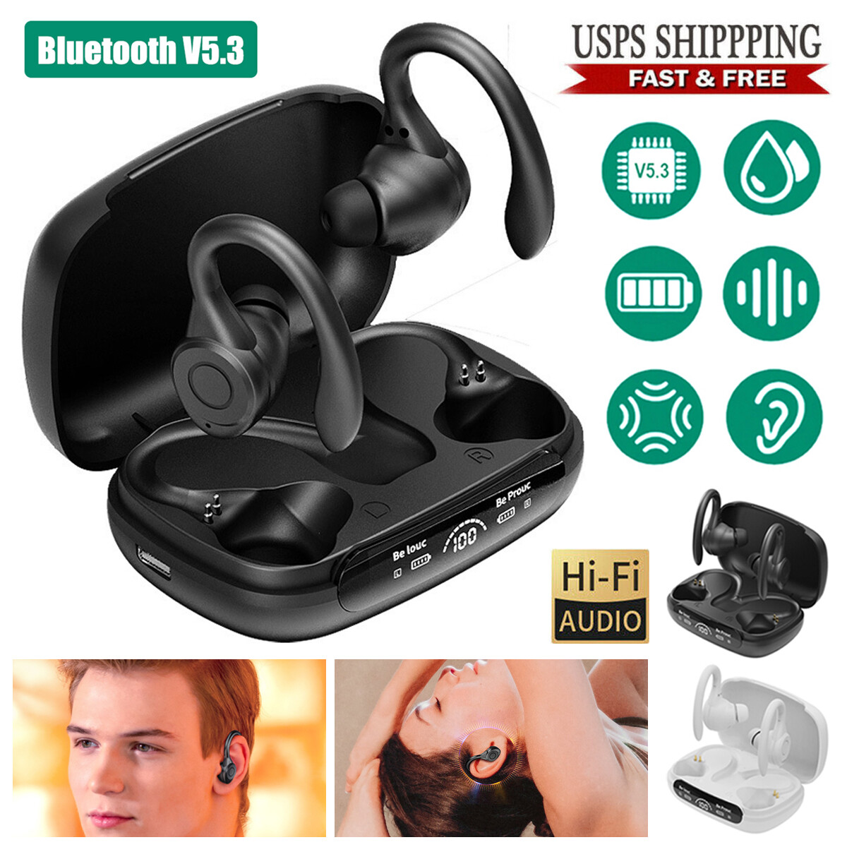 New Bluetooth 5.3 Headsets Wireless Earbuds Earphones Stereo Headphones Ear Hook