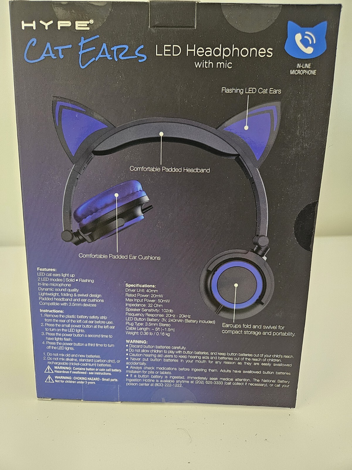 Cat Ears LED Blue Headphones In-Line Microphone On-Ear Earpieces