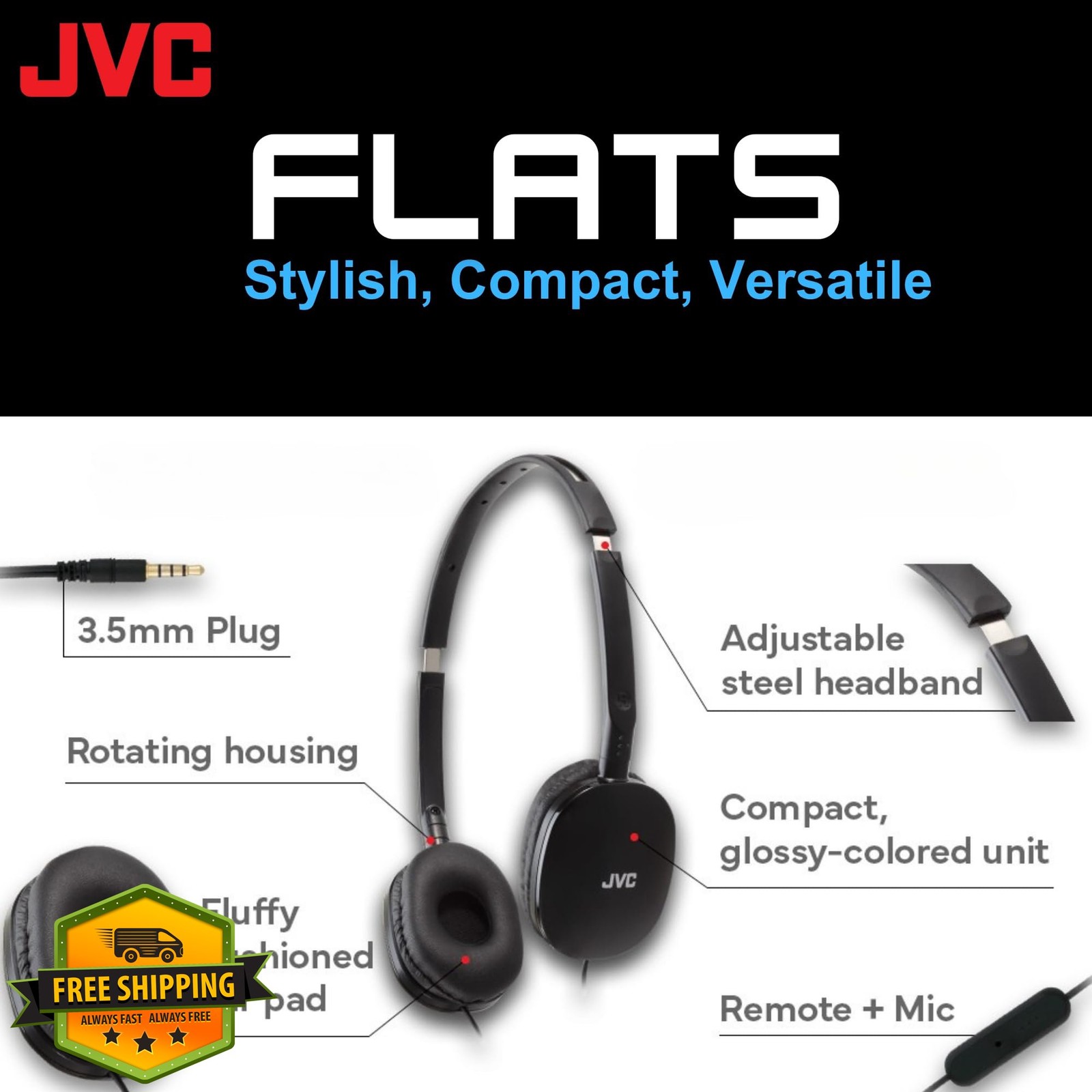 JVC Flats On-Ear Wired Headphones Mic, Foldable, 30mm Driver, 3.5mm Plug