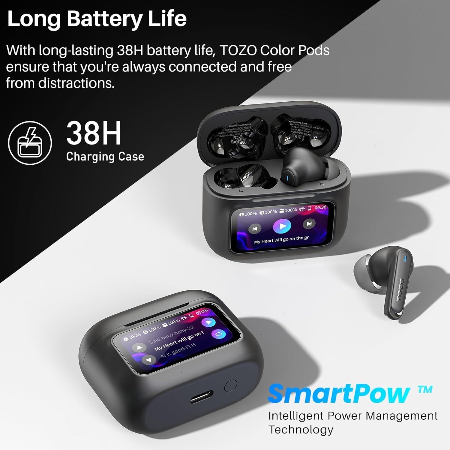 TOZO Touch Screen Wireless Earbuds ENC ANC Active Noise Canceling Bluetooth 5.4