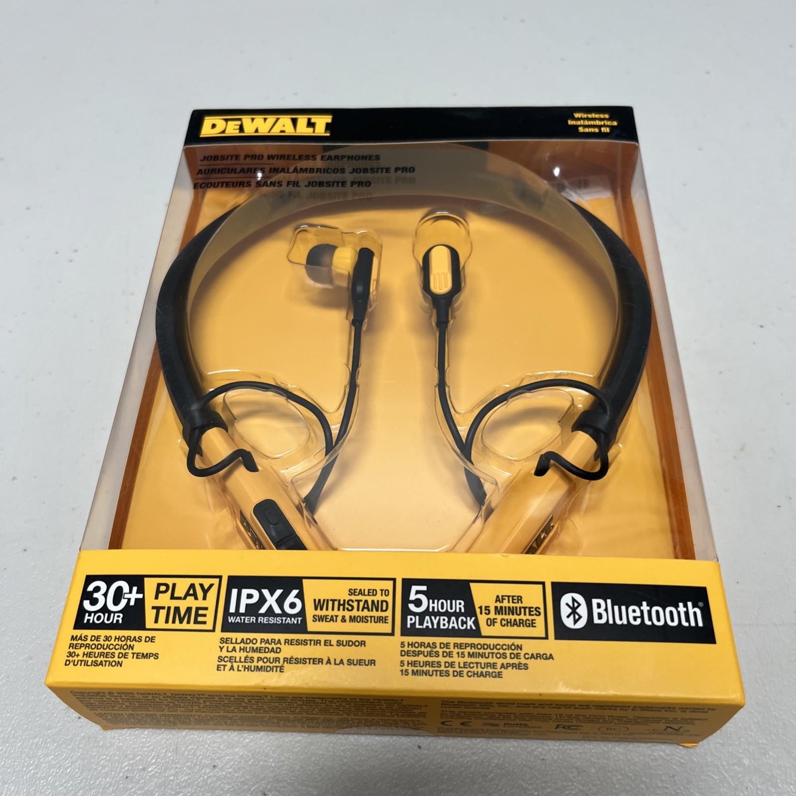 DEWALT Jobsite Pro Neckband Wireless Earphones – Black/Yellow NEW