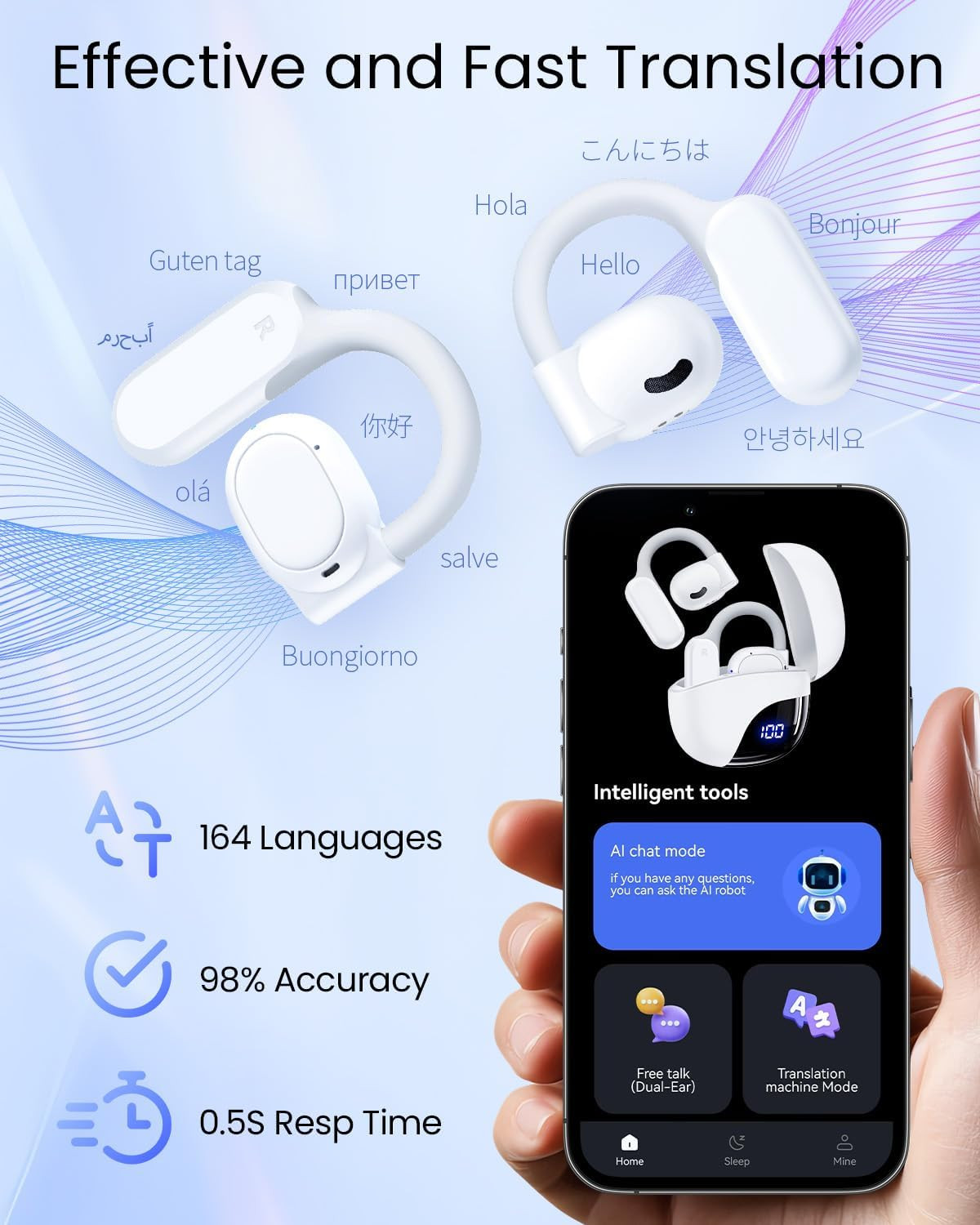 AI Translation Earbuds Real Time 164 Languages 80H Playtime Translator Ear Buds